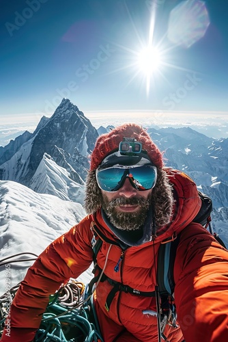 Selfie of mountain climber on summit.