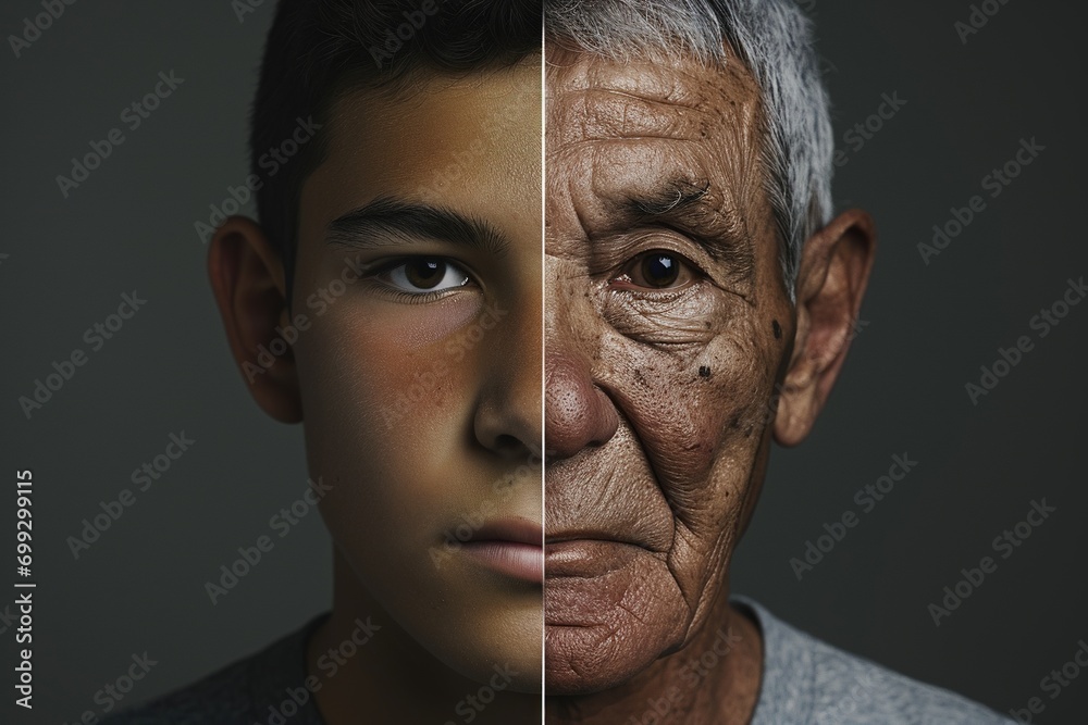 A man face divided into two halves - young and old. A man face divided into two halves - young and old.