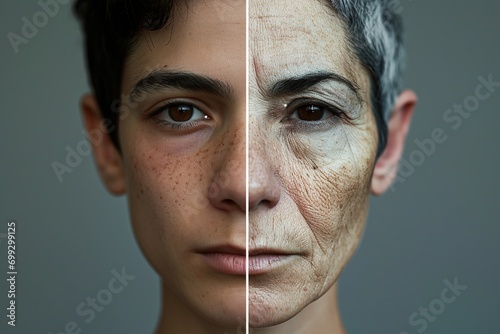 A man face divided into two halves - young and old.  photo