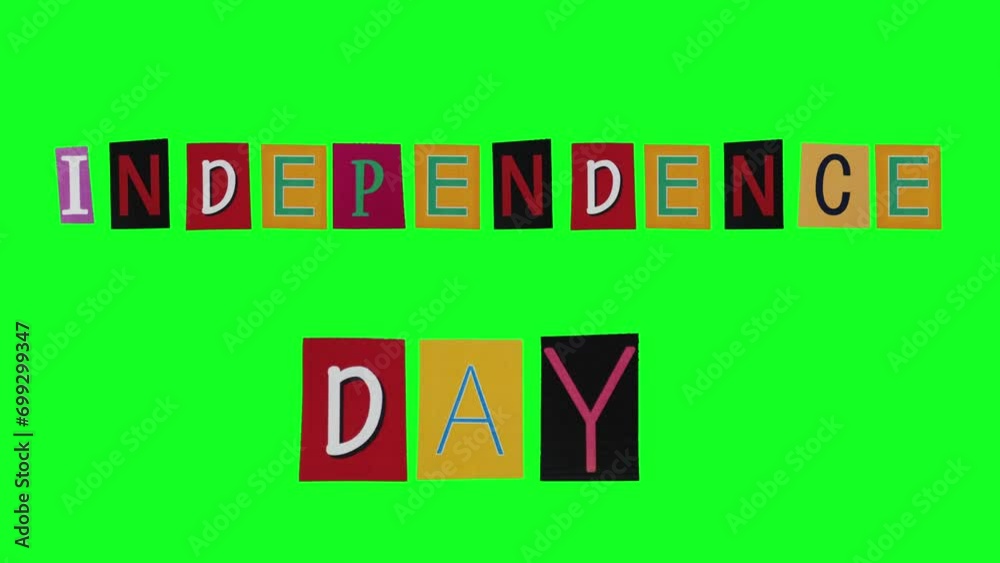 Independence Day text consisting of cartoon collage of animated letters on green background. Patriotism screensaver template festive element with stop motion loop. Comic art holiday minimalist intro Independence Day text consisting of cartoon collage of animated letters on green background. Patriotism screensaver template festive element with stop motion loop. Comic art holiday minimalist intro