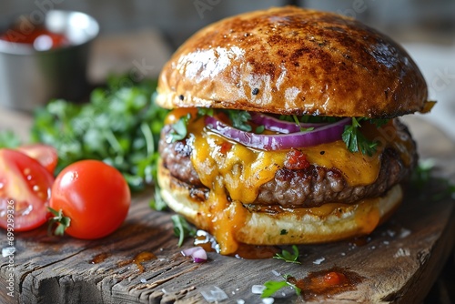 A delicious and large cheeseburger. photo