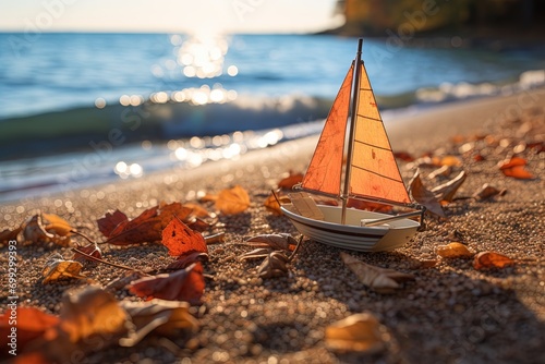 Tiny boat with sail made of autumn leave.