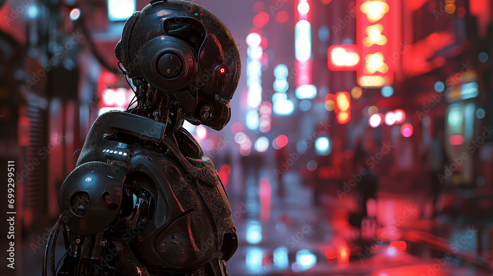 black ai cyborg in city black ai cyborg in city