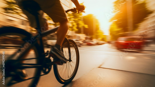 Close up rearview blur motion photography of a man riding his bicycle or bike on the city street at daytime in the sunny summer day. Defocused shot of a bicycle commuter traveling outdoors in a rush