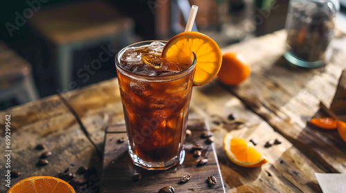 iced americano with orange on wooden table photo