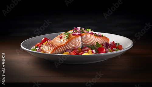 Fresh seafood fillet on a plate, a healthy gourmet lunch generated by AI