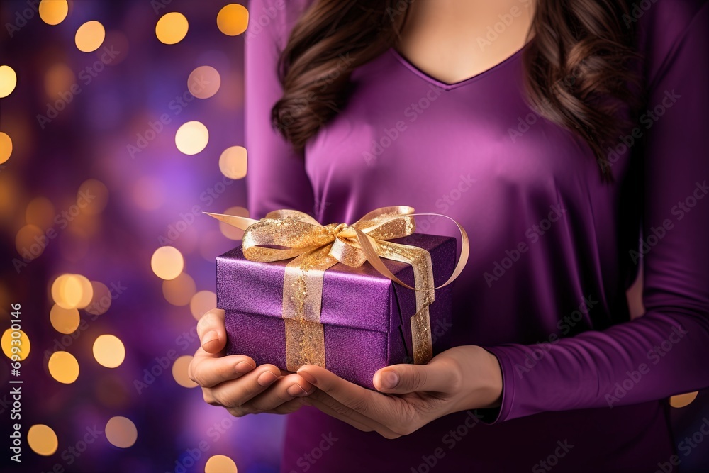Woman with purple dress holding gift box.