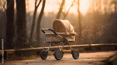Child stroller or perambulator standing on a wooden bridge, near the autumn forest with orange and yellow leaves. Beige baby carriage or pushchair with wheels photo