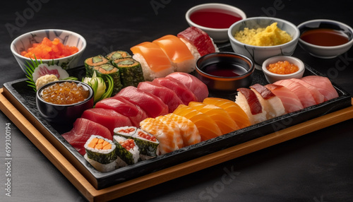Fresh seafood plate with sashimi, nigiri, and maki sushi variations generated by AI