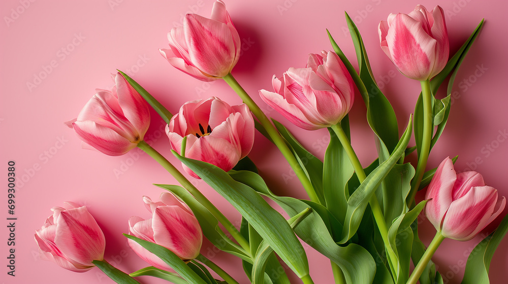 Obraz premium Bouquet of pink tulips on pink background. Mother's day, Valentine's Day, Birthday celebration concept. Greeting card. Copy space for text, top view