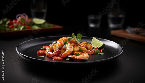 Freshness on a plate grilled prawn, healthy salad, organic eating generated by AI