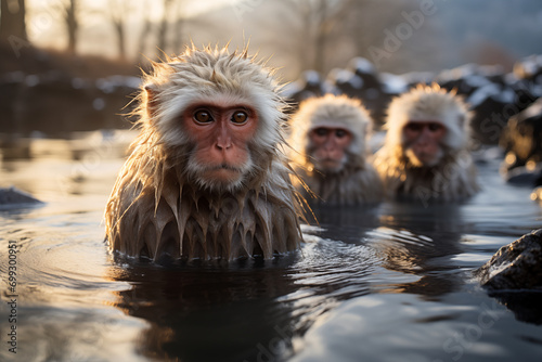 young snow monkeys sit in a hot spring in winter photo