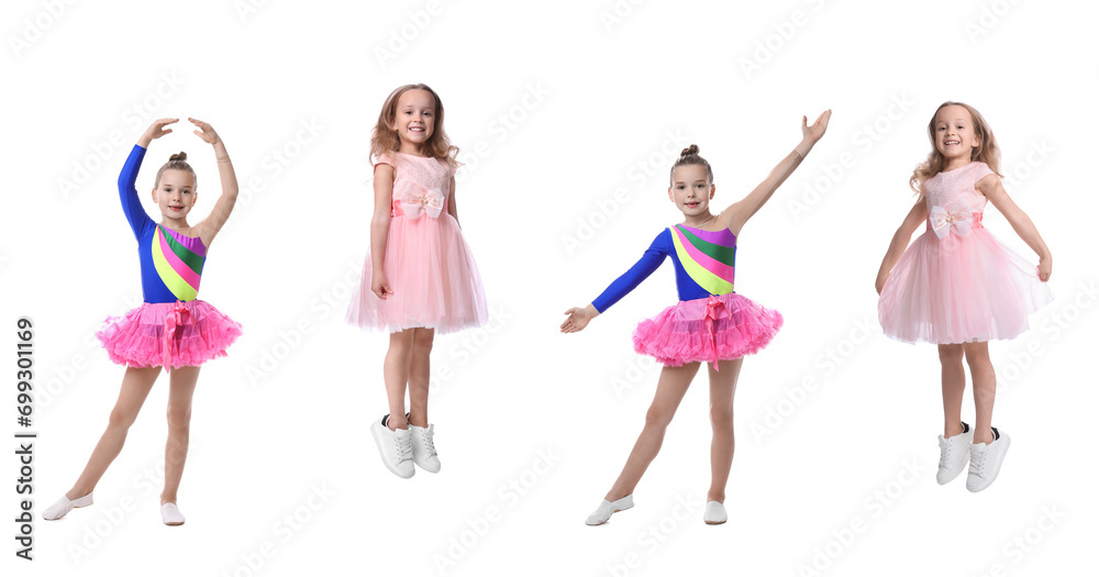 Cute little girls dancing and jumping on white background, set of photos
