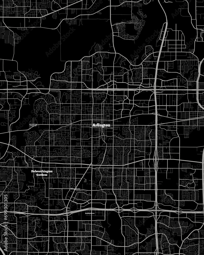 Detailed Dark Map of Arlington, Texas