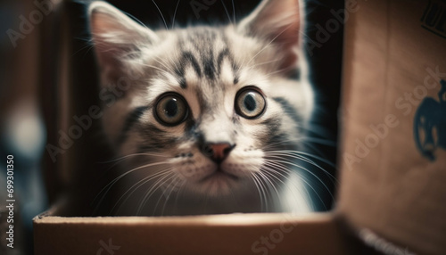 Cute kitten sitting, staring, playful, fluffy, looking at camera generated by AI