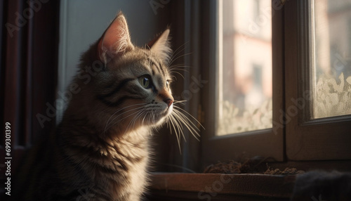 Cute kitten sitting on window sill, staring outdoors with curiosity generated by AI