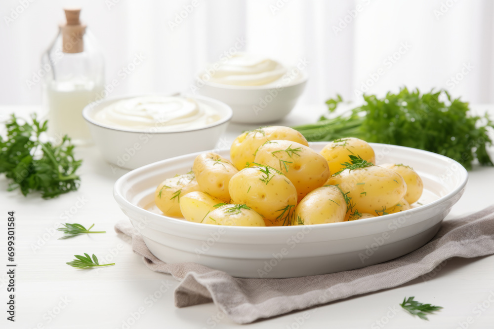 Boiled potatoes with sauce. Plate of tasty potatoes on sunny light background. Generative AI Boiled potatoes with sauce. Plate of tasty potatoes on sunny light background. Generative AI