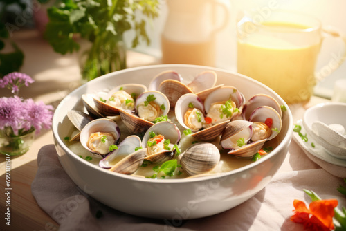 Clam stew on a plate. Steamed shellfish clams with garlic and herbs. Generative AI