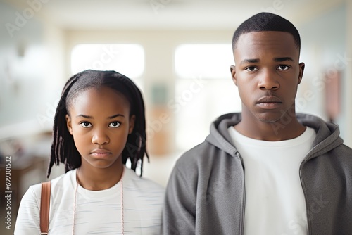 Teenage siblings, an African sister and brother, expressing upset emotions after a conflict at home.