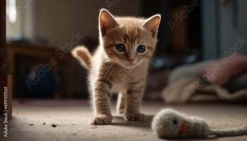 Cute kitten playing with toy, looking at camera, soft fur generated by AI