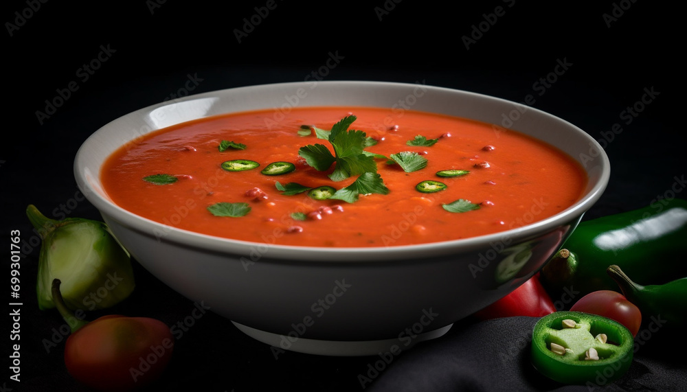 Fresh tomato soup, a healthy vegetarian meal with gourmet garnish generated by AI Fresh tomato soup, a healthy vegetarian meal with gourmet garnish generated by AI