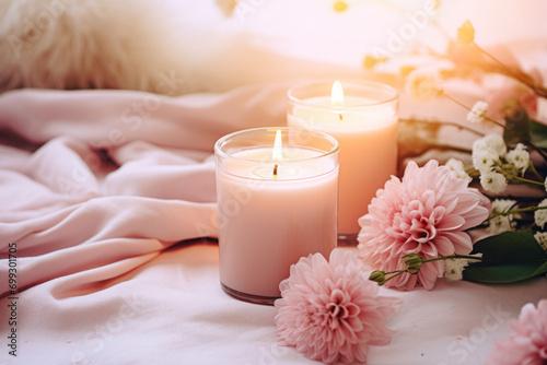 Scented burning candles and fresh flowers. Hygge atmosphere. Generative AI