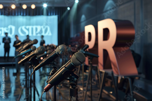 Public relations concept with 3D letters PR in a conference room, many microphones and journalists. photo