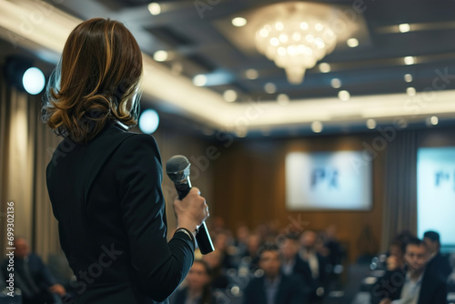 A woman in a suit speaks into a microphone and gives a lecture to a large audience.