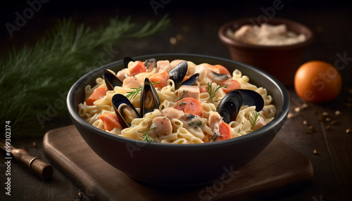 Fresh seafood pasta, a gourmet meal in a rustic bowl generated by AI