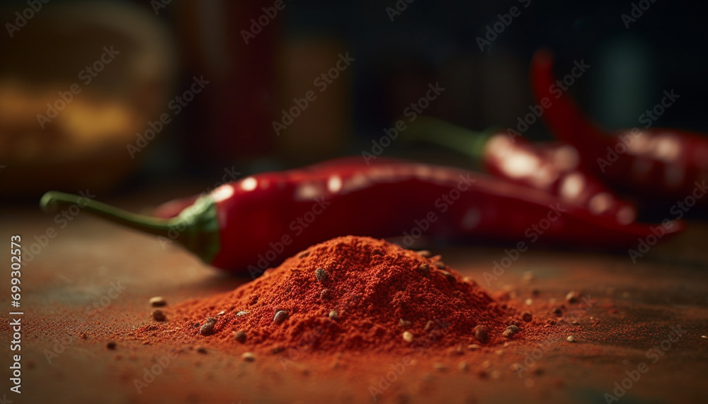 Spice up your cooking with organic chili pepper seasoning generated by AI - obrazy, fototapety, plakaty 