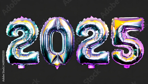 Happy New Year 2025 design, silver foil balloons with the numbers 2025. New Year, turn of the year 2024/2025. 2025 symbol image. Helium balloons. Party, greeting card, Advertising, Anniversary