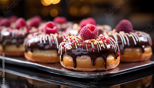 Freshly baked homemade donuts on a plate, tempting indulgence generated by AI