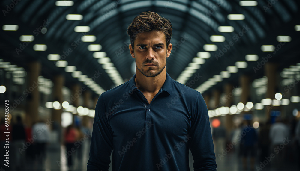 Confident young man, indoors, looking at camera, in city at night generated by AI Confident young man, indoors, looking at camera, in city at night generated by AI