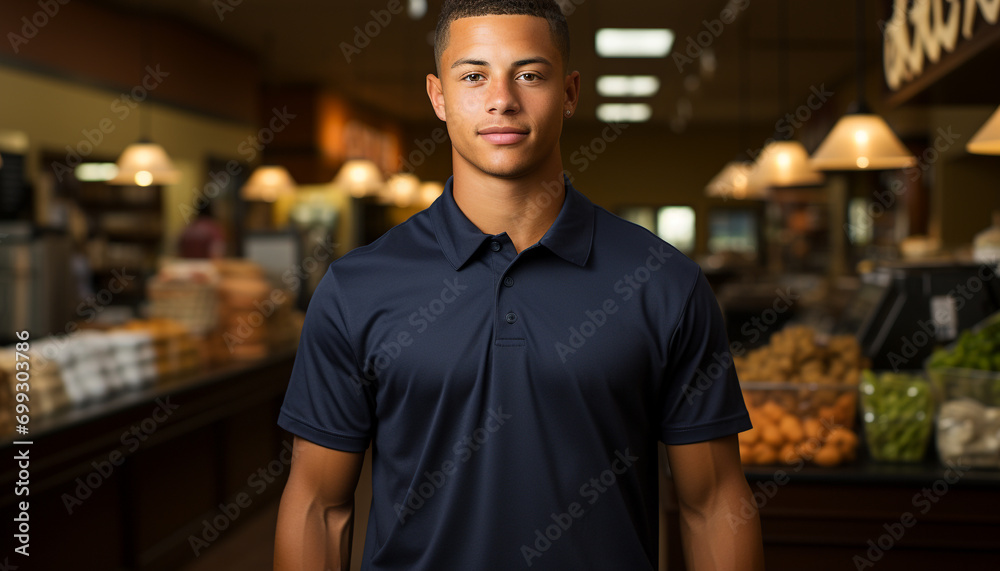 Confident man, smiling, standing in coffee shop, working as barista generated by AI Confident man, smiling, standing in coffee shop, working as barista generated by AI