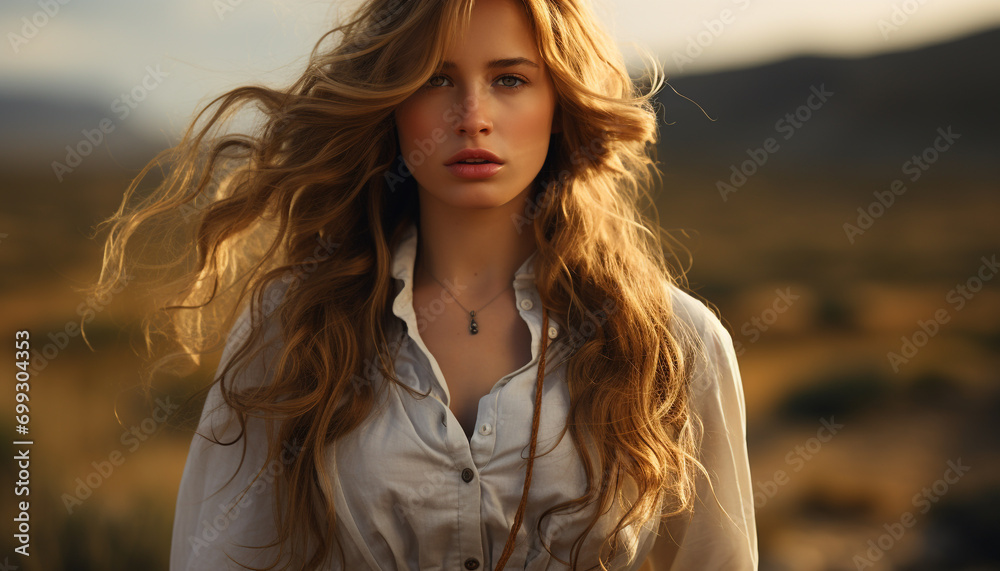 Young woman with long brown hair, standing outdoors, looking at camera generated by AI