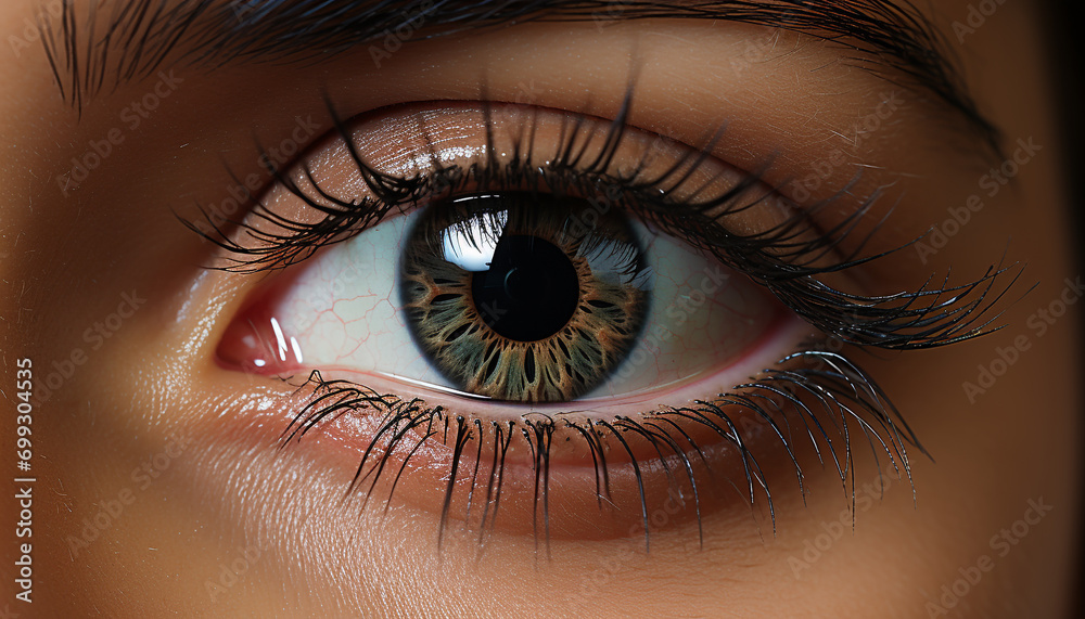 Fototapeta premium Young woman blue iris staring, elegance in her eyes generated by AI