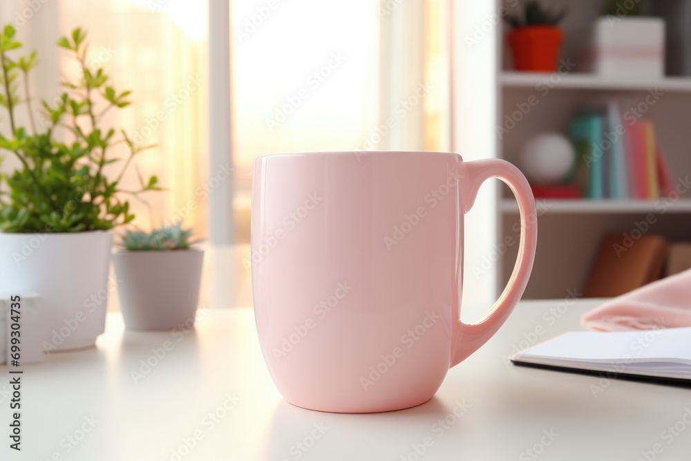 Mockup of the mug on the table. Space for text, branding concept Mockup of the mug on the table. Space for text, branding concept