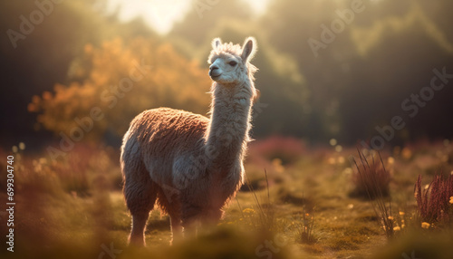Cute alpaca grazing on green grass in beautiful sunset meadow generated by AI