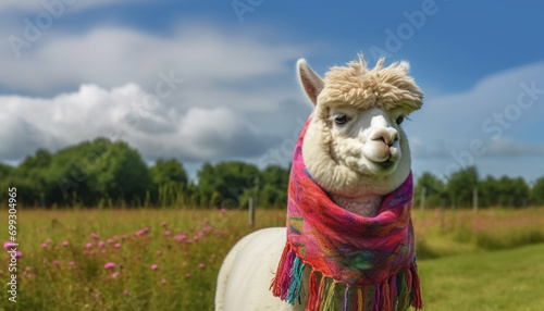 Cute alpaca grazing in green meadow, smiling under the sun generated by AI