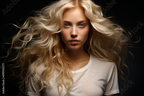 YOUNG WOMAN WITH TOUGH BLONDE HAIR LOOKING AT CAMERA