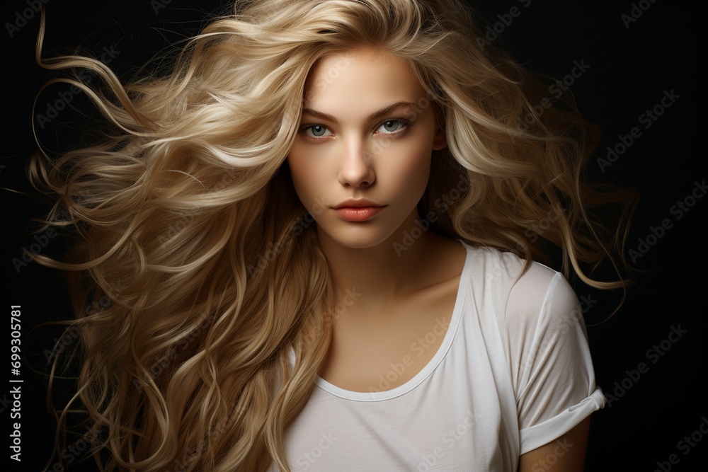 Attractive woman with long hair looking at camera against black background Attractive woman with long hair looking at camera against black background