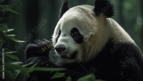 Cute panda and lemur sitting in the forest  eating bamboo generated by AI