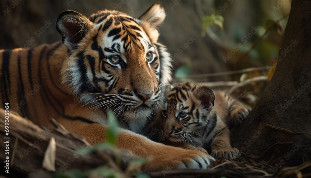 Bengal tiger cub staring, beauty in nature, wildcat in grass generated by AI
