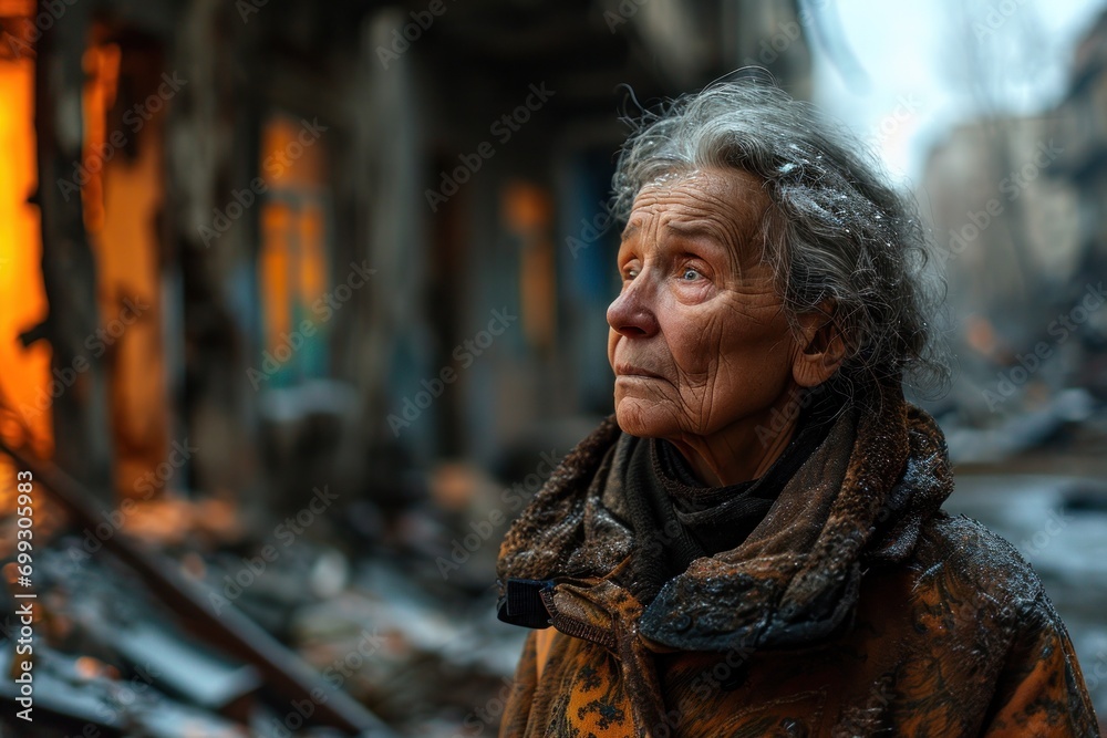 sad aged ukrainian woman on bombed out house background,
