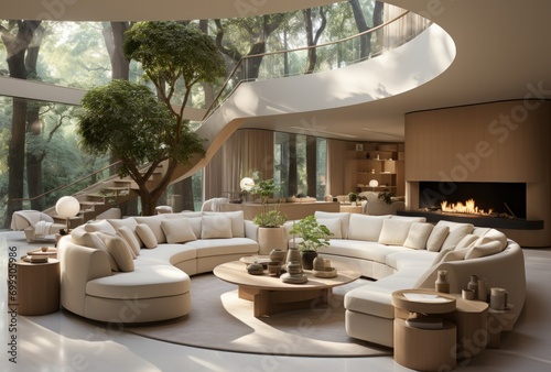 Spacious Living Room with High Ceilings and Natural Elements
