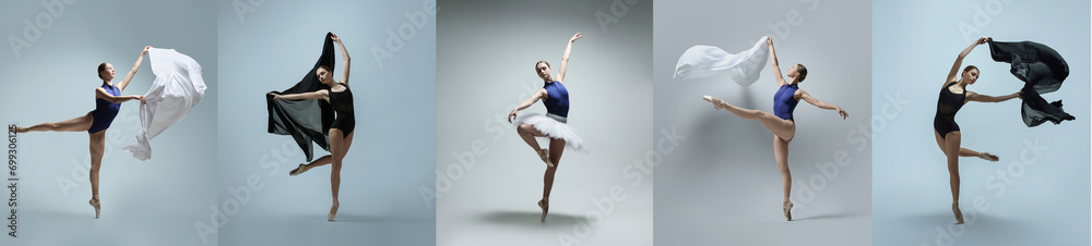 Ballerina practicing dance moves on color backgrounds, set of photos