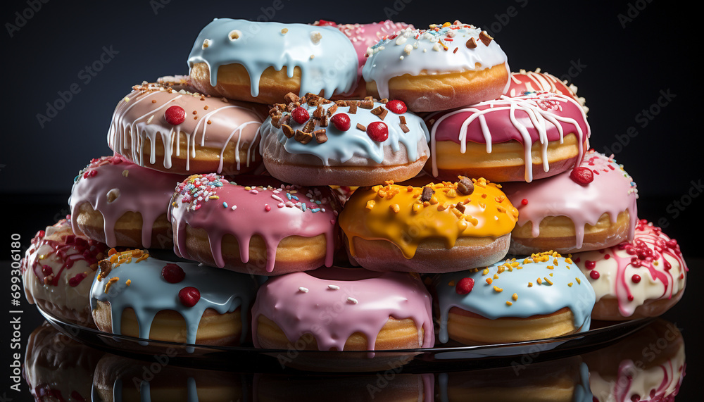 Sweet donut with chocolate icing, colorful candy, and strawberry decoration generated by AI