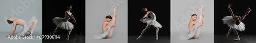 Ballerina practicing dance moves on color backgrounds, set of photos photo