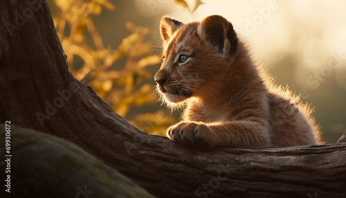 Cute kitten sitting in the grass, looking at the sunset generated by AI