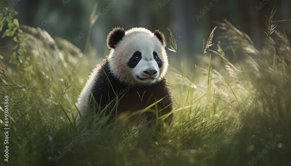 Cute panda sitting in grass, looking at camera, eating bamboo generated by AI